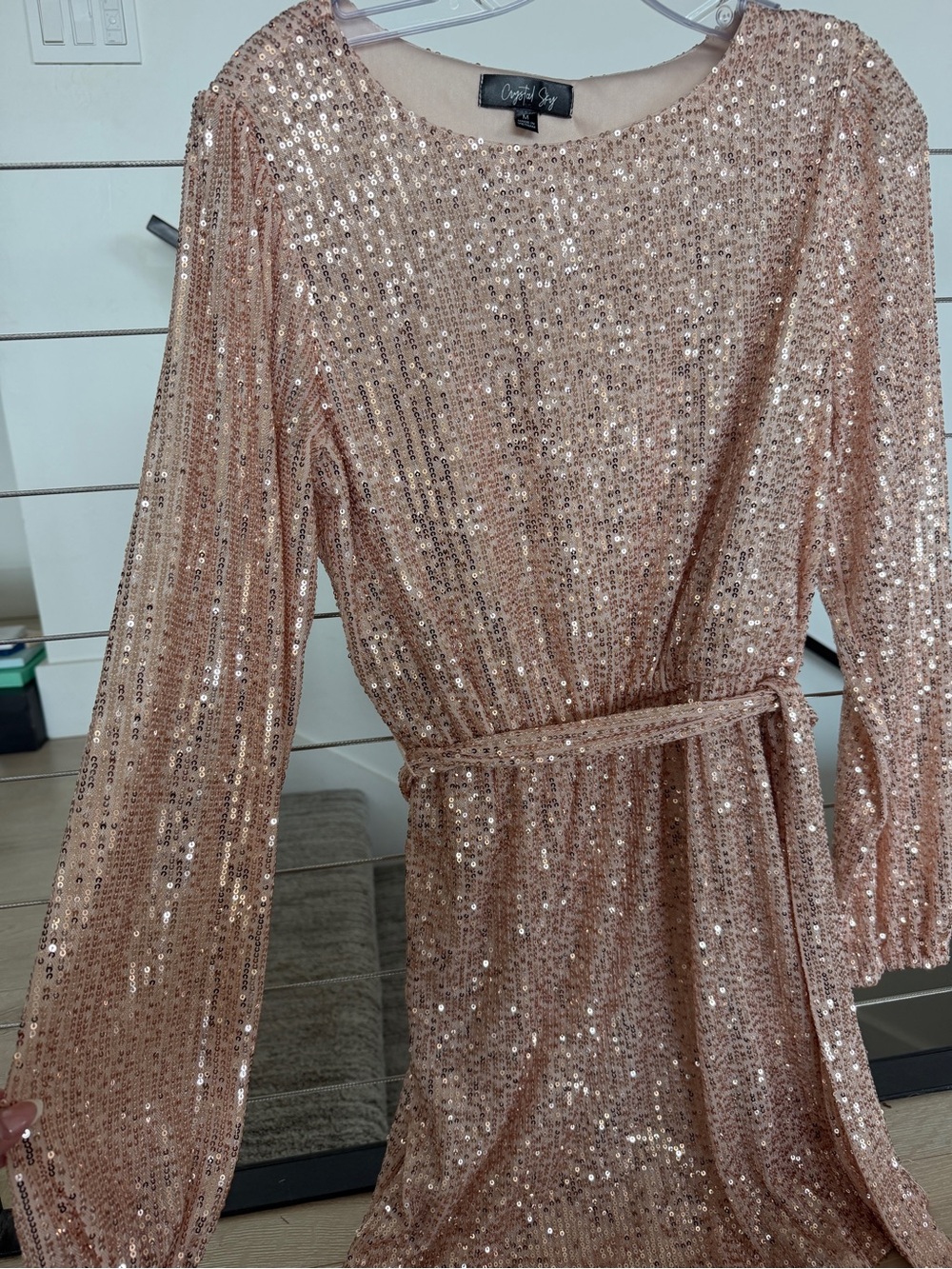Women's Rose Gold Sequin Belted Dress